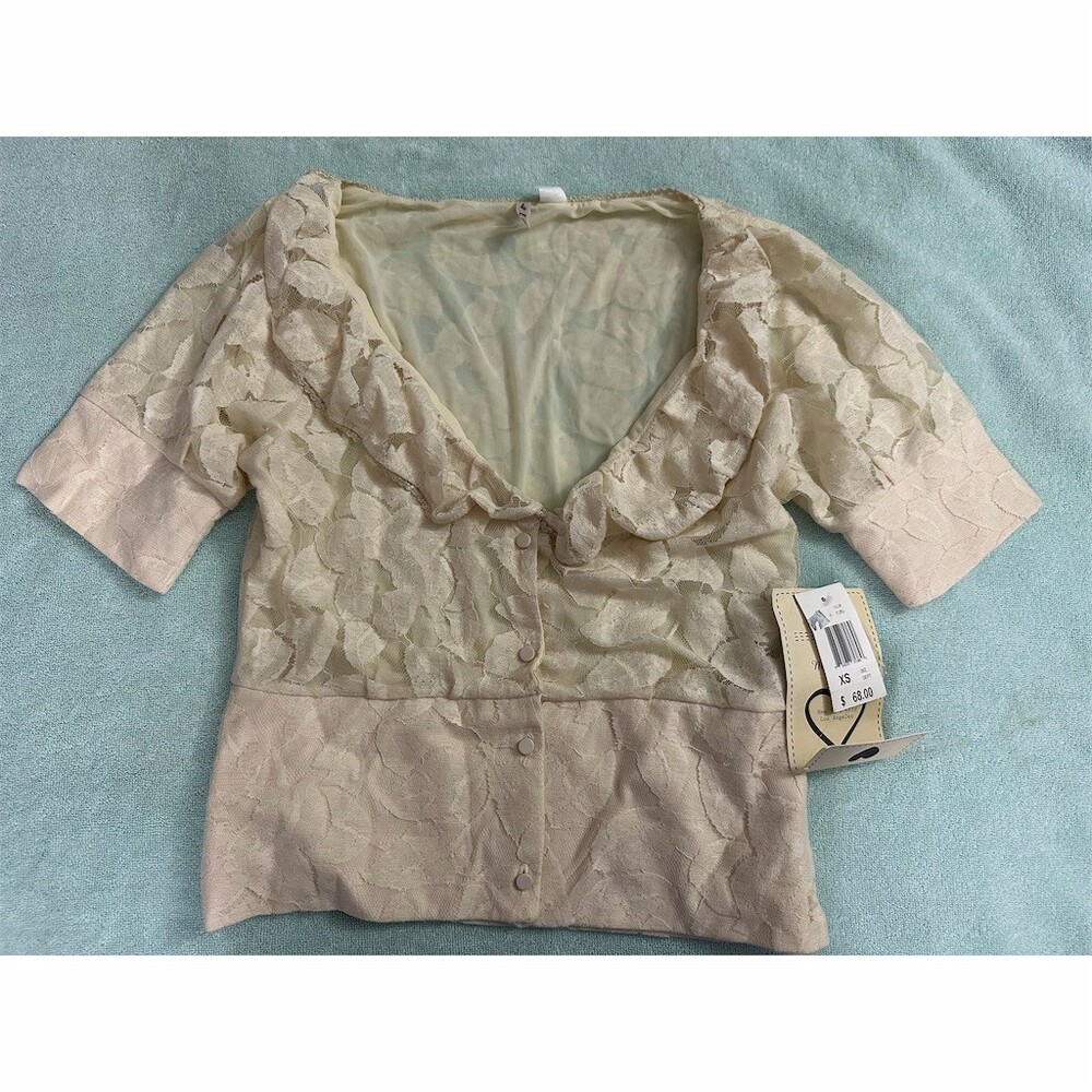 T4T Blouse Womens Ivory Floral Lace Ruffle Collar Button Front Dressy XS
